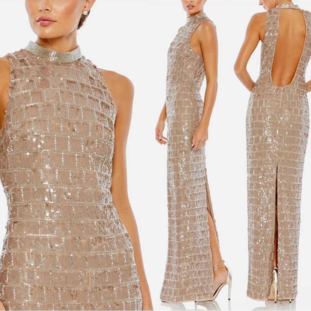 Mac Duggal Sequin Grid High Neck Sleeveless Column Gown Taupe 10907